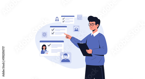 Recruitment process, HR manager selecting candidates from resumes, onboarding employees, checklist