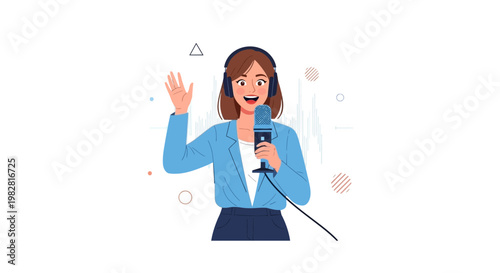Woman with headphones and microphone, waving hello, podcasting or streaming concept