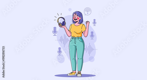 Woman with headphones and microphone, podcasting, voice recording, audio broadcasting concept