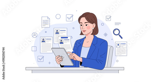 Recruitment professional using tablet, reviewing resumes with HR icons and magnifying glass