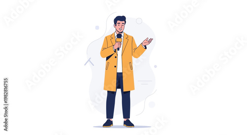 Reporter Holding Microphone, Announcing News with Gestures, Flat Design