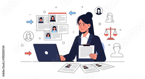 Recruitment specialist using laptop for hiring, reviewing resumes and candidates online