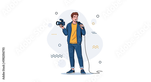 Reporter with camera and microphone, illustration, journalist, media, news, interview