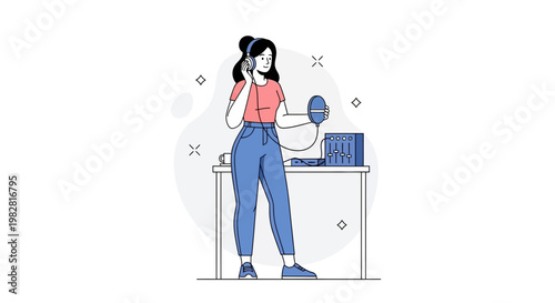 Woman with headphones listening to music from a retro player on a desk