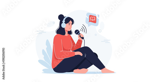 Woman with headphones recording podcast or audiobook, speaking into microphone