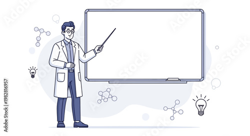 Scientist presenting on whiteboard with molecular structures and lightbulbs