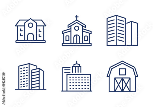 Institutions and Entertainment Areas thin line icon set. Minimal web icons