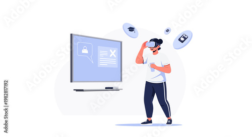 Student learning with VR headset in virtual classroom, digital education concept