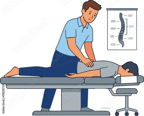 A flat-style illustration of a chiropractor performing a back adjustment on a patient lying face down on a treatment table in a clinical setting,