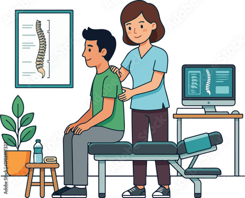 A flat-style illustration of a chiropractor or physical therapist examining a patient’s spine in a modern clinic, with medical charts, a treatment table, and a computer in the background