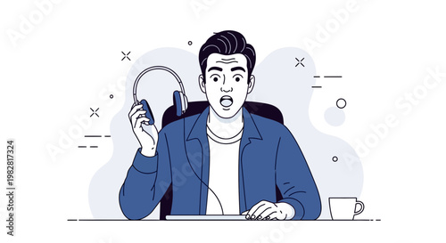 Surprised Man Holding Headphones, Sitting at Desk with Computer and Coffee