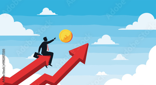 Ambitious businessman sitting on a red rising arrow reaching for a large gold coin representing financial growth.