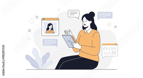 Woman with tablet communicating online, video call, chat bubbles, modern flat illustration