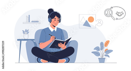Woman with headphones writing in notebook, learning, planning, with puzzle and search icons
