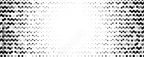 Hexagon halftone wave across center, motion, tech energy. Honeycomb dots create gradient, optical depth. Topics: tech, data. Use for banner, cover, web, presentation, print. Vector illustration