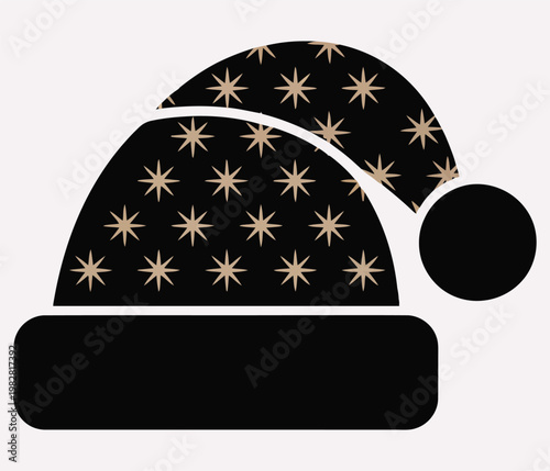 Black christmas hat with white stars and a pom pom on a white background
