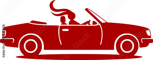 Red silhouette of a woman driving a convertible car