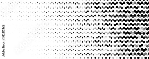 Hexagon halftone wave across center, motion, tech energy. Honeycomb dots create gradient, optical depth. Topics: tech, data. Use for banner, cover, web, presentation, print. Vector illustration