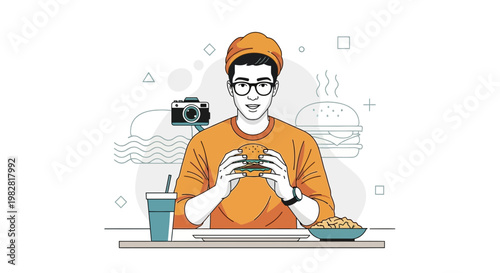 Young Man Eating Burger and Fries, Casual Lifestyle, Photography Hobby