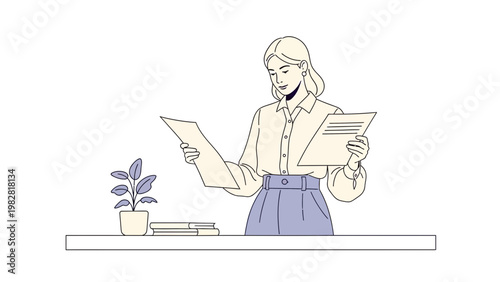 Woman reading documents at desk with plant and books, minimalist illustration