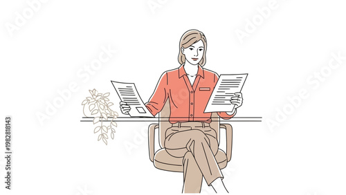 Woman reading documents at desk with plant, business meeting or work from home concept
