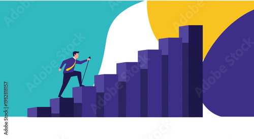 Career professional climbing a series of rising bar graph steps representing steady growth and corporate success.