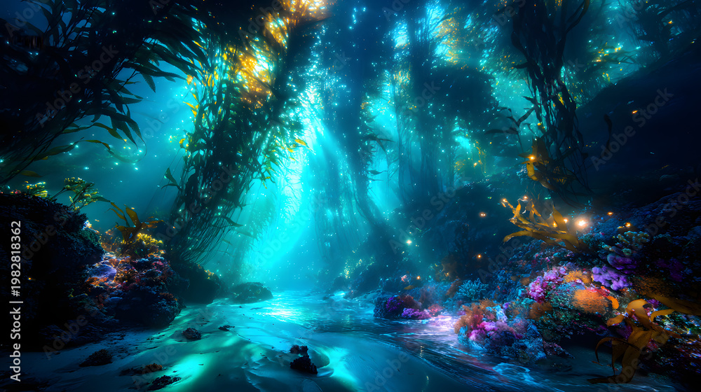 Fototapeta premium Endless dark deep sea terrain with seamounts and kelp forests fading into underwater horizon