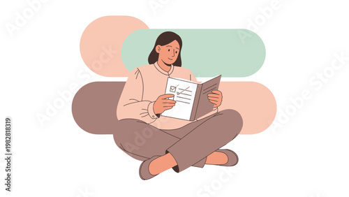 Woman Sitting Cross-legged Reading Book with Checklist, Abstract Shapes Background