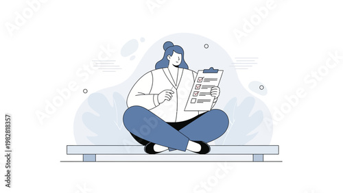 Woman Sitting Cross-legged with Checklist, Planning, Task Management, To-do List