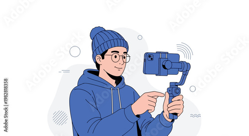 Young man vlogger with camera and gimbal, recording video content, modern lifestyle