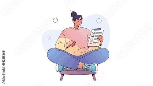 Woman Sitting Cross-legged With Checklist, Planning, Task Management, Organization Concept