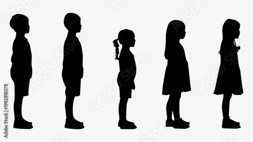 Silhouettes of five diverse children standing in a row and facing towards the right side