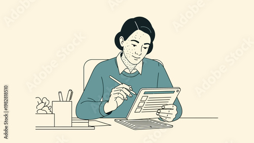 Woman with acne writing on tablet, working at desk, illustration