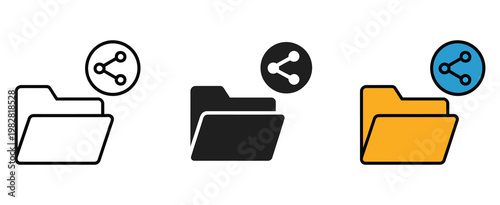 Shared folder and file distribution icon set, clean editable stroke vector collection featuring cloud sharing, file transfer, and collaborative folder symbols