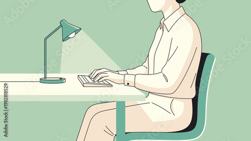 Woman typing on keyboard at desk with desk lamp, focused work, home office