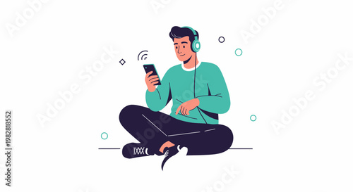 Young man with headphones listening to music on smartphone, sitting cross-legged