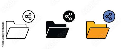 Shared folder and file distribution icon set, data sharing and cloud network collaboration symbols in modern line and flat vector style