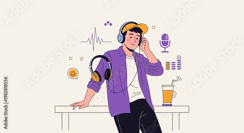Young man with headphones listening to music, podcast, audio, enjoying a drink