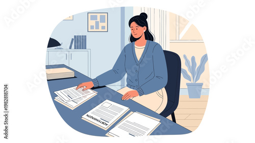 Woman working at desk with documents, office interior, business concept