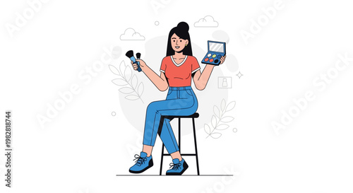Young Woman Applying Makeup with Brushes and Palette, Sitting on Stool