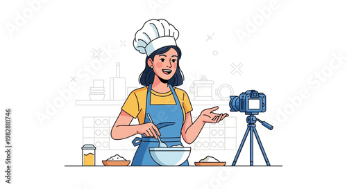 Young woman chef recording cooking tutorial video in kitchen with camera