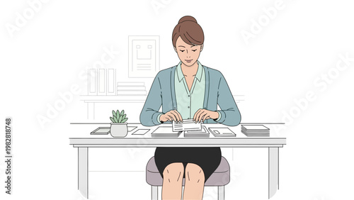 Woman working at desk, organizing papers and documents, office setting