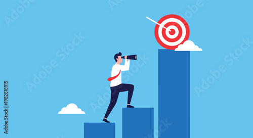 Determined businessman with binoculars climbing a bar chart toward a target representing strategic goal achievement.