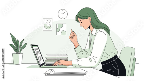 Woman working on laptop at desk, focused, with plant and artwork on wall