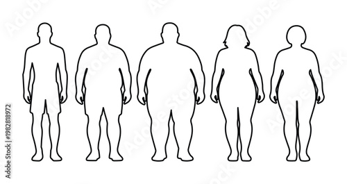 Human body types vector set, diverse male and female silhouettes illustrating various weights and body shapes, ideal for health and fitness content, medical illustrations