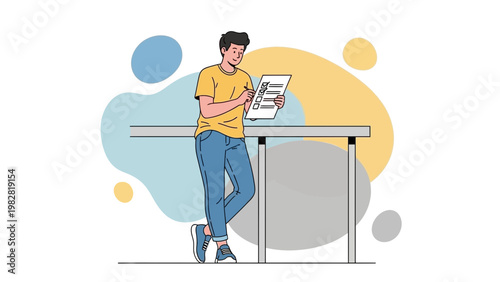 Young man checking a list on a clipboard, standing at a desk with abstract background