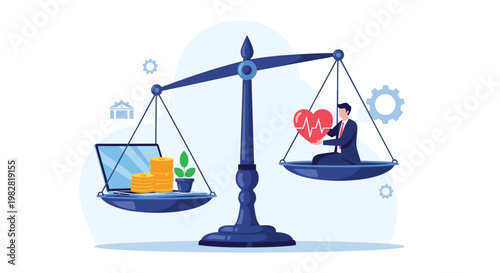 Large balance scale weighing work elements against a human heart representing the concept of work life balance.