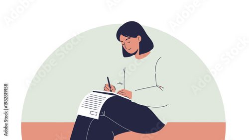 Woman Writing on Paper, Focused Work, Creative Process, Minimalist Illustration
