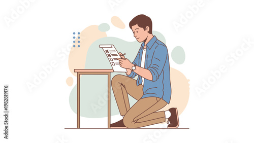 Young man filling out checklist on clipboard, sitting on floor near table
