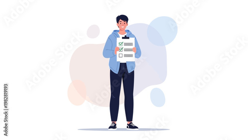 Young Man Holding Checklist Clipboard with Checkmarks, Task Completion, Success Concept